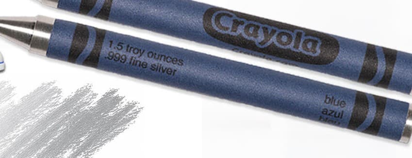 Two Crayola Precious Metals blue crayons in .999 fine silver, wrappers reading 1.5 troy ounces