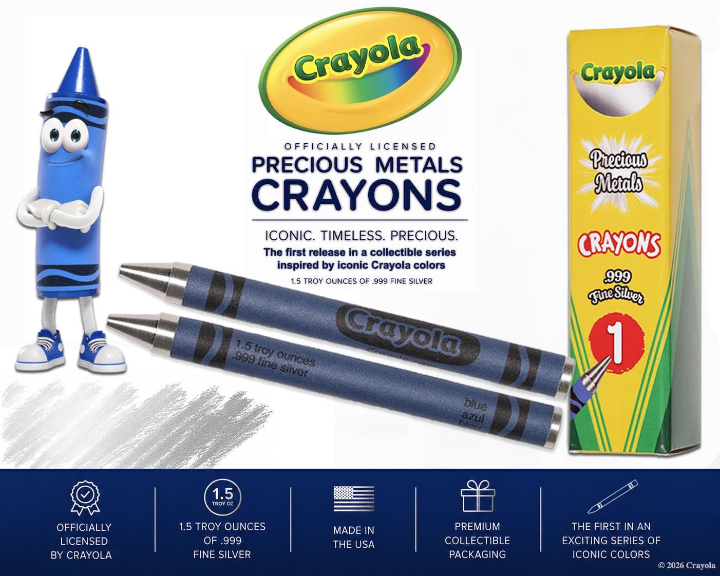 The officially licensed Crayola Precious Metals release artwork, showing the crayons, the collectible box and the product's feature list